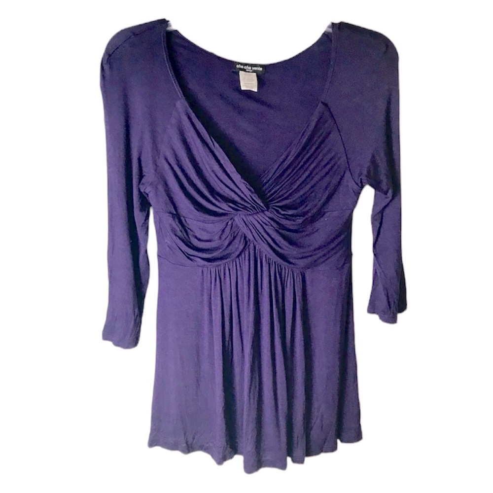 ChaCha Vente Ruched Drapy Top V Neck T Shirt Stretch Lightweight Faux Wrap Tunic